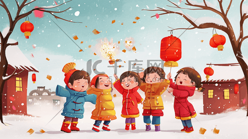 冬季雪景过年小孩放鞭炮的插画89