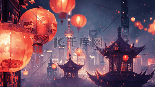 扁平化中国春节过年街道挂灯笼的插画23