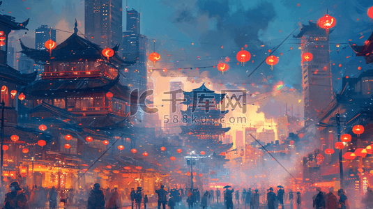扁平化中国春节过年街道挂灯笼的插画6