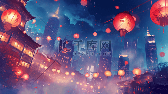 扁平化中国春节过年街道挂灯笼的插画3