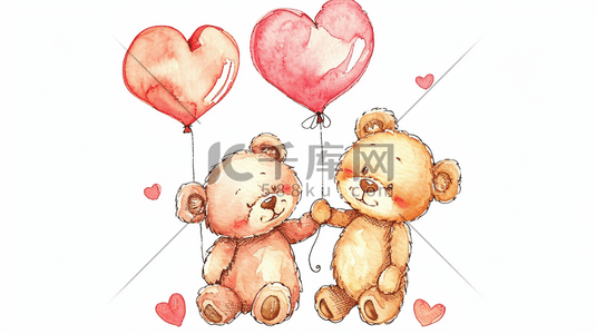 简约唯美手绘两只可爱小熊牵手气球插画13