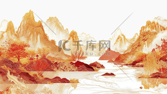 年画插画图片_金黄色彩色中国龙年山水年画的插画8