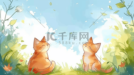 水彩萌宠春天花丛里的两只小猫咪插画设计