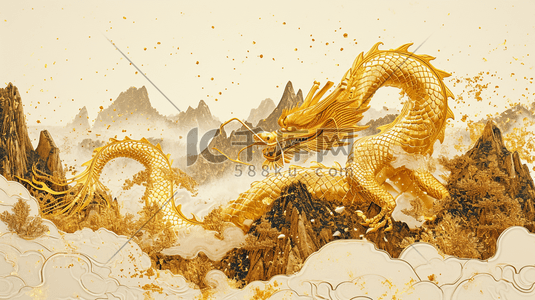 中国国画山水插画图片_金黄色彩色中国龙年山水年画的插画23