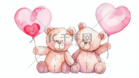 简约唯美手绘两只可爱小熊牵手气球插画19