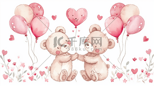 简约唯美手绘两只可爱小熊牵手气球插画17