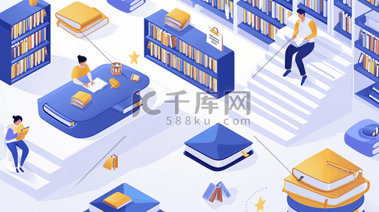 学习文具图书插画图片_扁平化简约图书室同学们看书的插画5