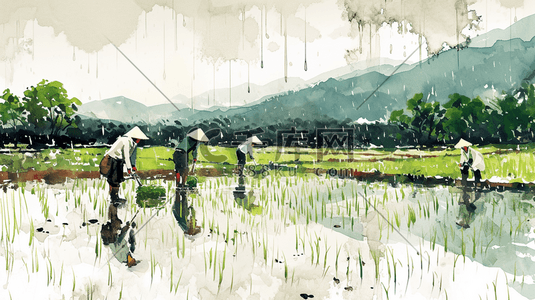 中式国画画风农民稻田里种田的插画8