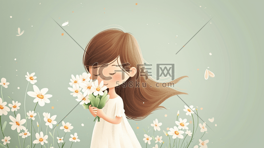 小女孩手捧鲜花可爱插画1