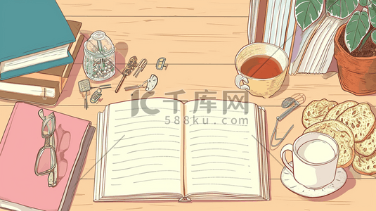 饼干菜单插画图片_简约线条感桌面上书本杯子用品的插画23