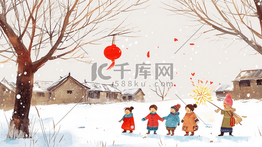 过年文字插画图片_冬季雪景过年小孩放鞭炮的插画18