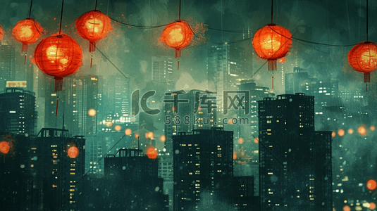 扁平化中国春节过年街道挂灯笼的插画4