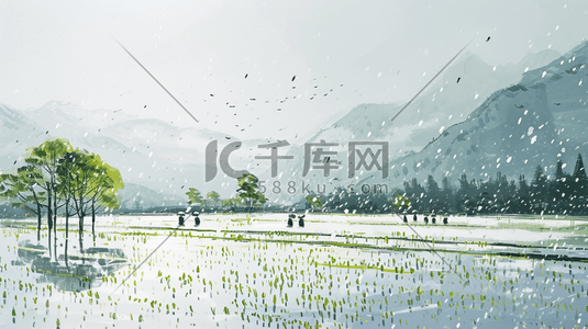 中式国画画风农民稻田里种田的插画9