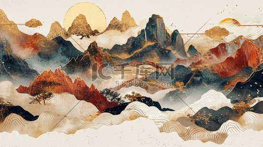 金黄色彩色中国龙年山水年画的插画10