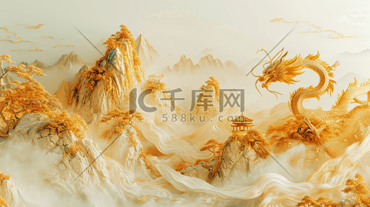 中国国画山水插画图片_金黄色彩色中国龙年山水年画的插画1