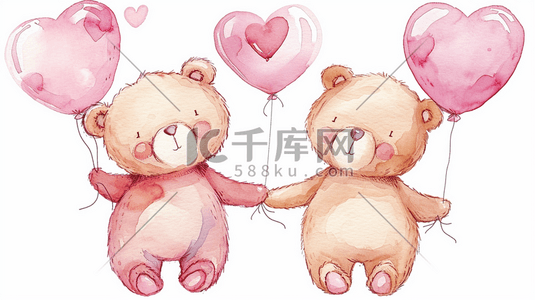 送出一份爱心插画图片_简约唯美手绘两只可爱小熊牵手气球的插画3