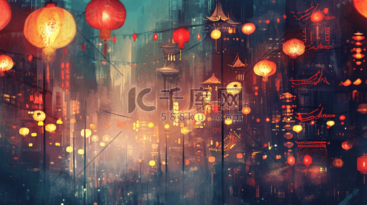 书香飘万家插画图片_扁平化中国春节过年街道挂灯笼的插画16