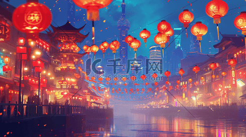 扁平化中国春节过年街道挂灯笼的插画7