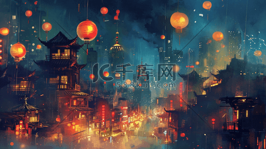 扁平化中国春节过年街道挂灯笼的插画17
