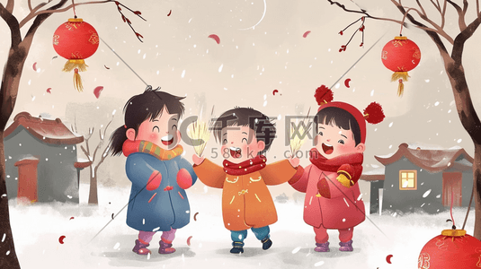 冬季雪景过年小孩放鞭炮的插画14