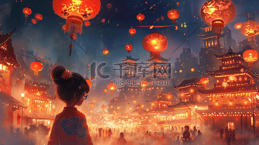 扁平化中国春节过年街道挂灯笼的插画15