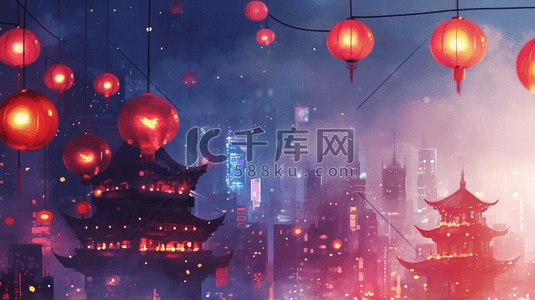 扁平化中国春节过年街道挂灯笼的插画13