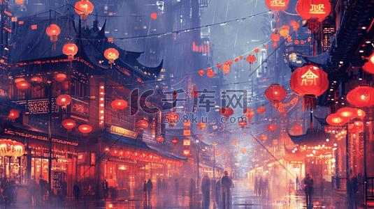 扁平化中国春节过年街道挂灯笼的插画5