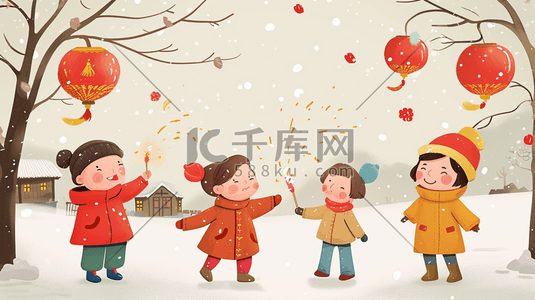冬季雪景过年小孩放鞭炮的插画6