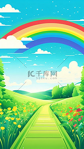 阳光彩虹插画图片_绿色卡通草地蓝天彩虹树叶插画素材