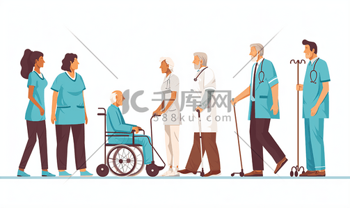 老人病插画图片_护士搀扶行动不便的老人