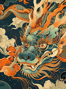 深青色橙色的龙中国龙插画设计