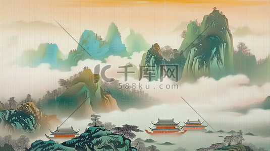 山水画插画图片_中国风古代山水画插画海报