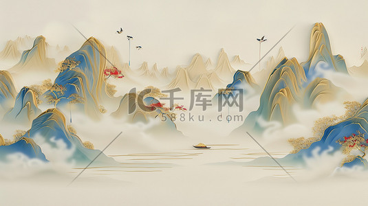 中国风山脉鎏金抽象画插画图片