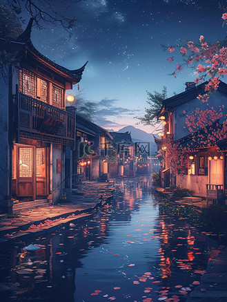 江南古镇春天雨夜夜景插画图片