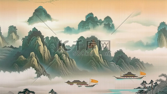 山水画河流插画图片_中国风古代山水画插画海报