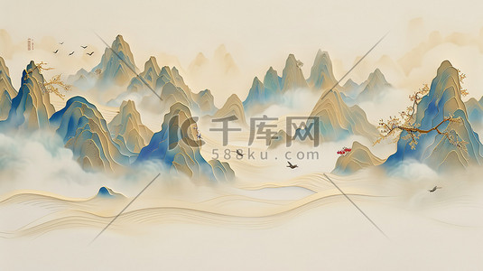 中国风山脉鎏金抽象画矢量插画