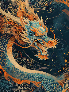 深青色橙色的龙中国龙插画图片