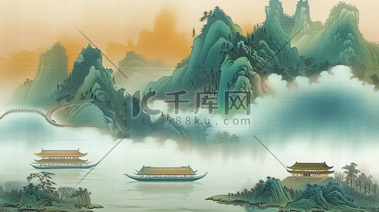 中国风古代山水画插画海报