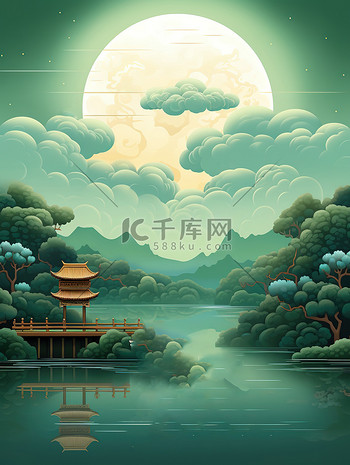 中国风山水唯美风景插画素材