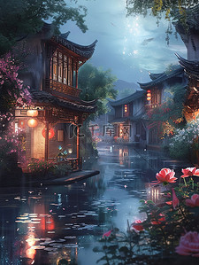 江南春插画图片_江南古镇春天雨夜夜景插图