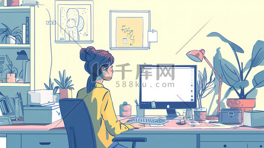 快乐工作快乐插画图片_在电脑上工作的女孩插图