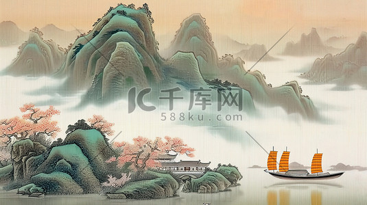 中国风古代山水画插画设计