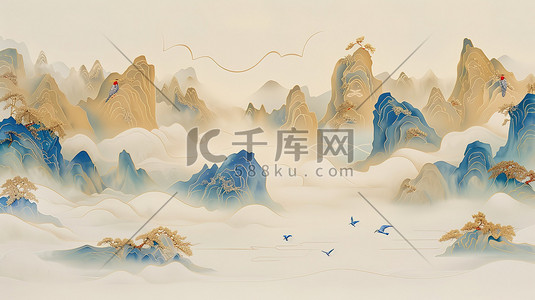 中国风山脉鎏金抽象画插图