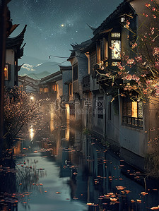 江南古镇春天雨夜夜景图片