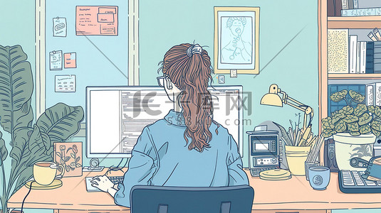 快乐的女孩矢量插画图片_在电脑上工作的女孩矢量插画