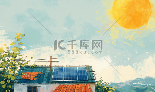 储能技术插画图片_屋顶上装着太阳能板