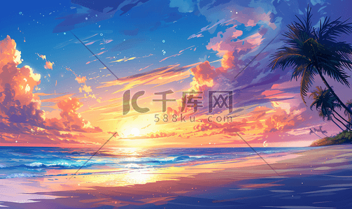 长江插画图片_夕阳下的海滩