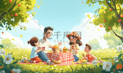 开心黄金周插画图片_一家人户外野餐开心互动