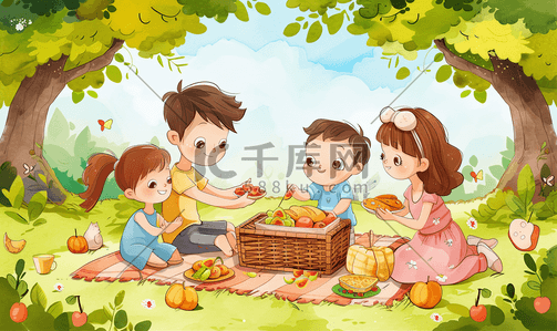 公园一家人插画图片_一家人户外野餐开心互动