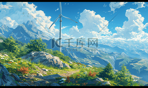 光伏发电站插画图片_高山上的风能电力发电风车